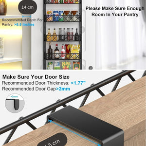 6 Tier Adjustable Baskets over-door pantry organiser in black metal, with six storage tiers and a 4.5 cm hanging bracket