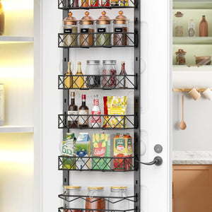 6 Tier Adjustable Baskets over-door pantry organiser in black metal, with six open wire baskets holding bottles, jars and pantry goods