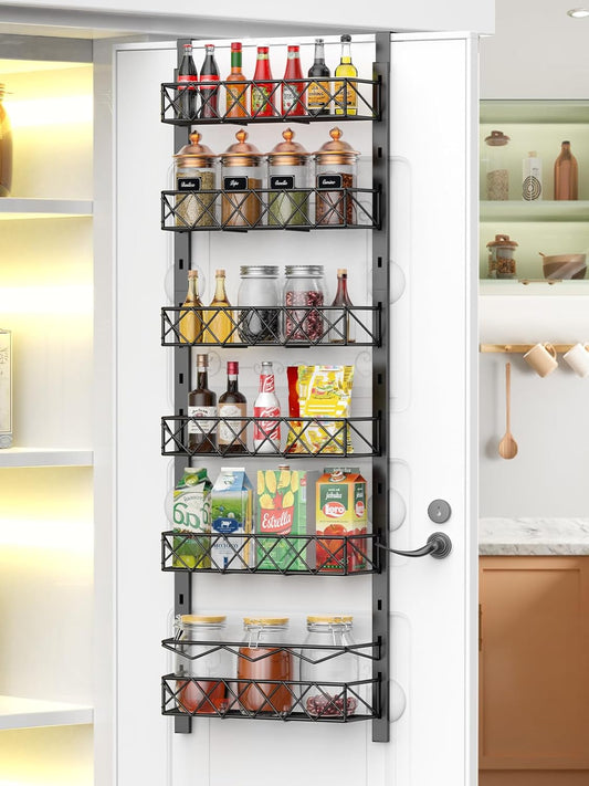 6 Tier Adjustable Baskets over-door pantry organiser in black metal, with six open wire baskets holding bottles, jars and pantry goods