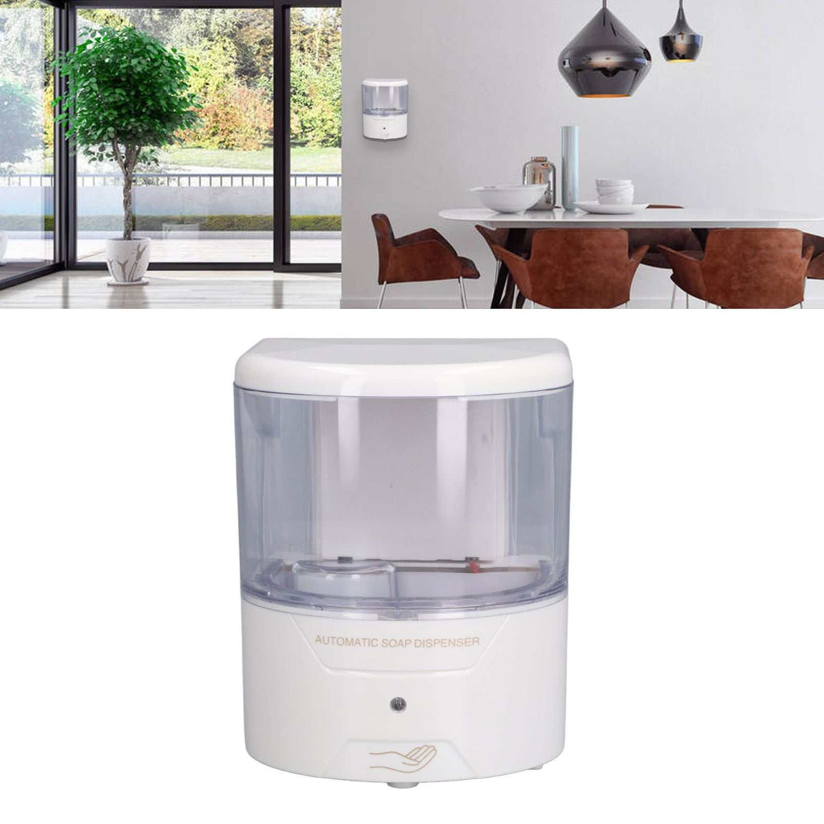 600ml Automatic Soap Dispenser in white ABS with a clear tank, rounded casing and touchless sensor design