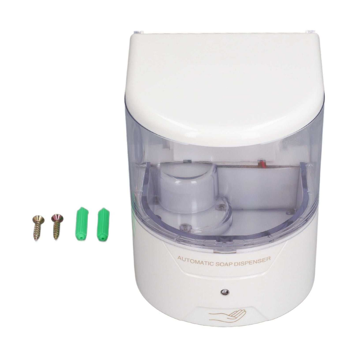 600ml Automatic Soap Dispenser in white ABS plastic with a clear tank, touchless sensor, and included mounting screws
