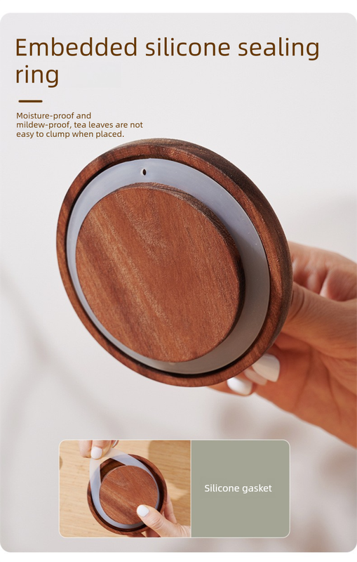 600ml Premium Borosilicate Glass jar lid with a visible embedded silicone sealing ring and natural acacia wood grain