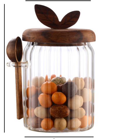 600ml Premium Borosilicate Glass storage jar with a clear ribbed cylindrical body, dark wooden butterfly lid and side spoon