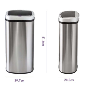 70L Stainless Steel rubbish bin in a brushed silver finish with a black-rimmed lid and motion sensor opening
