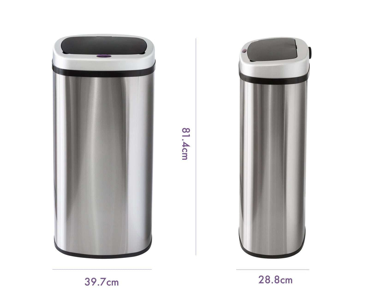 70L Stainless Steel rubbish bin in a brushed silver finish with a black-rimmed lid and motion sensor opening