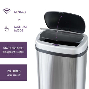 70L Stainless Steel rubbish bin with brushed silver body, black sensor lid open, and fingerprint-resistant finish
