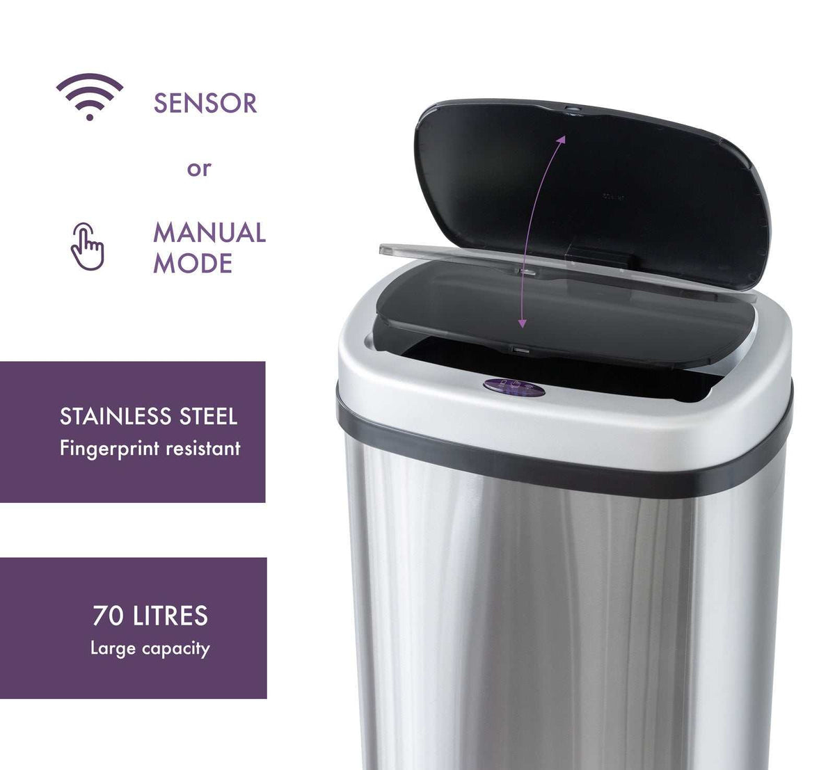70L Stainless Steel rubbish bin with brushed silver body, black sensor lid open, and fingerprint-resistant finish