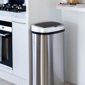 70L Stainless Steel rubbish bin with a brushed silver cylindrical body, black base and automatic sensor lid