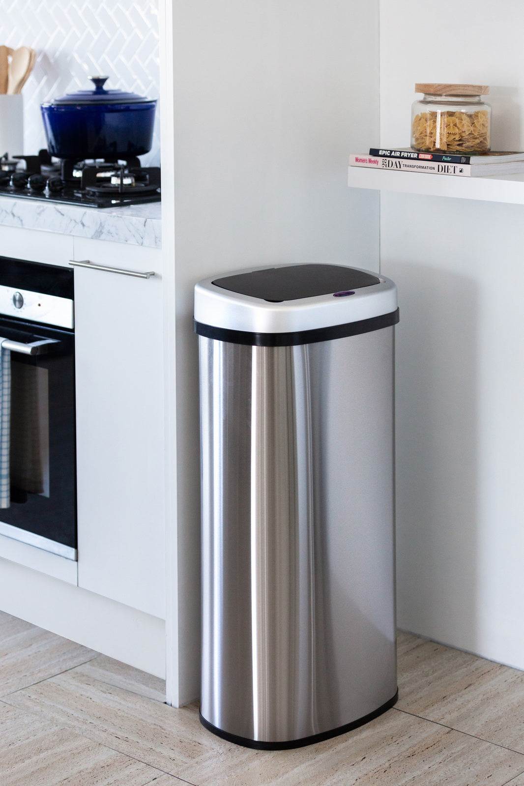 70L Stainless Steel rubbish bin with a brushed silver cylindrical body, black base and automatic sensor lid