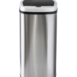 70L Stainless Steel rubbish bin with a brushed silver body, black trim, and a rounded rectangular sensor lid