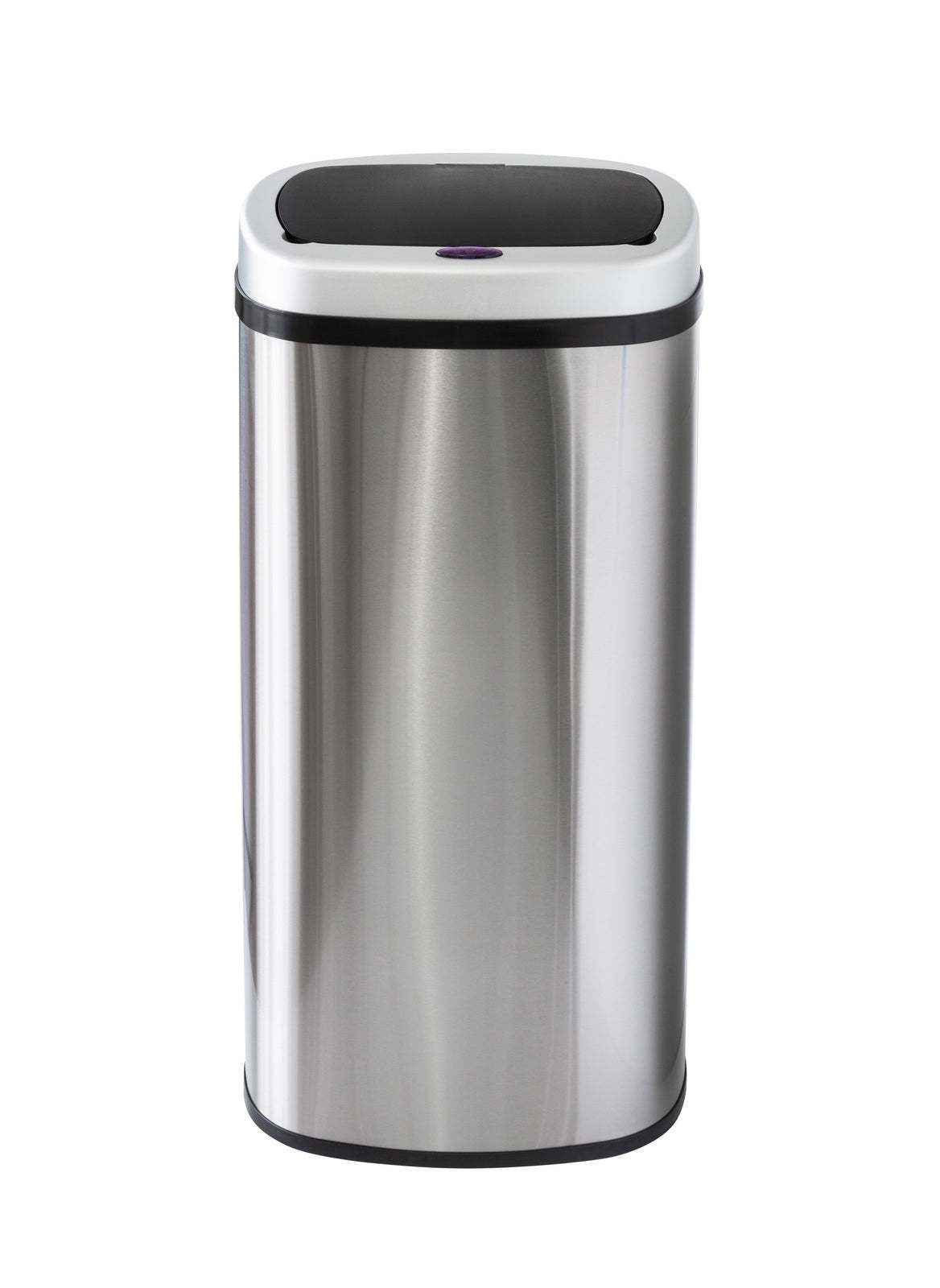 70L Stainless Steel rubbish bin with a brushed silver body, black trim, and a rounded rectangular sensor lid