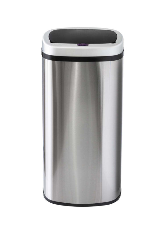 70L Stainless Steel rubbish bin with a brushed silver body, black trim, and a rounded rectangular sensor lid