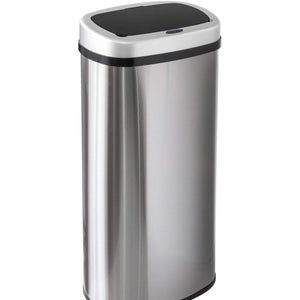 70L Stainless Steel rubbish bin with a brushed silver body, black trim and a black sensor lid with a small indicator