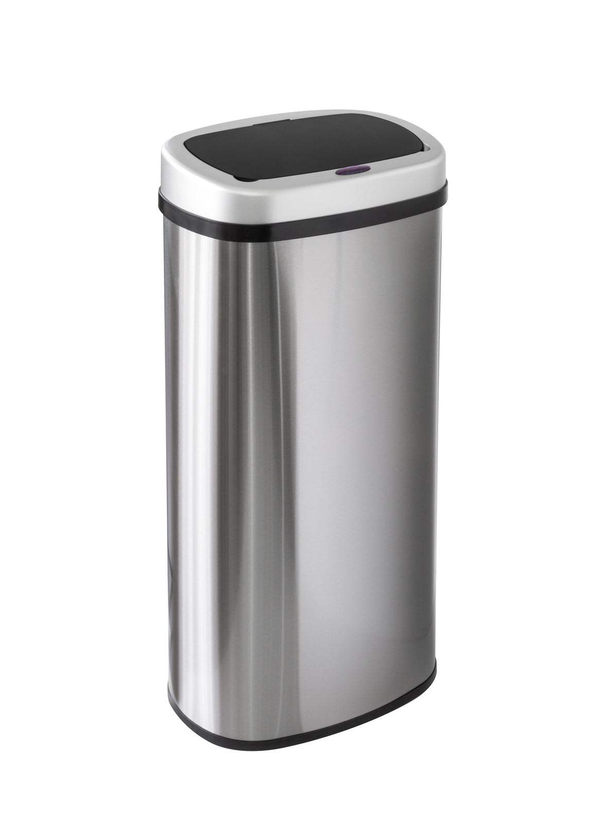 70L Stainless Steel rubbish bin with a brushed silver body, black trim and a black sensor lid with a small indicator