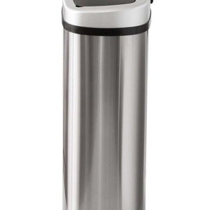 70L Stainless Steel rubbish bin with a brushed silver cylindrical body, black base trim and rounded rectangular sensor lid