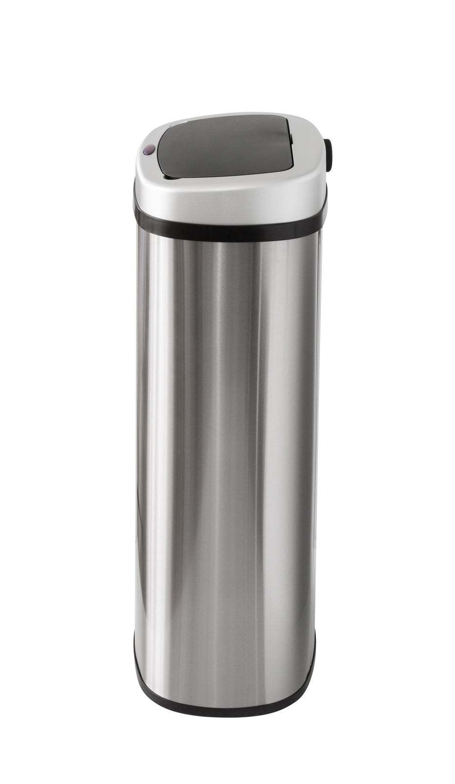 70L Stainless Steel rubbish bin with a brushed silver cylindrical body, black base trim and rounded rectangular sensor lid