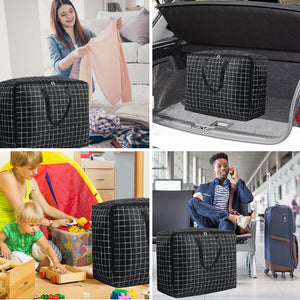 75L Large Storage Bags in black grid-patterned Oxford cloth, with zip tops and reinforced handles for moving or travel