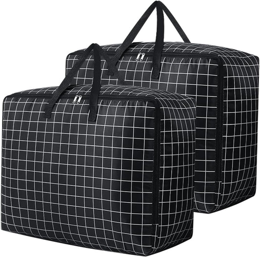75L Large Storage Bags in black Oxford cloth with a white grid pattern, zip closures and reinforced carry handles
