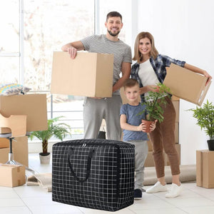 75L Large Storage Bags with a black and white grid pattern, zip closure and reinforced fabric handles for moving