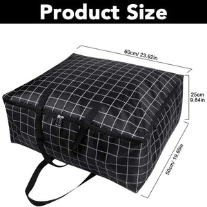 75L Large Storage Bags shown as a black rectangular zip-up bag with white grid lines and sturdy carry handles