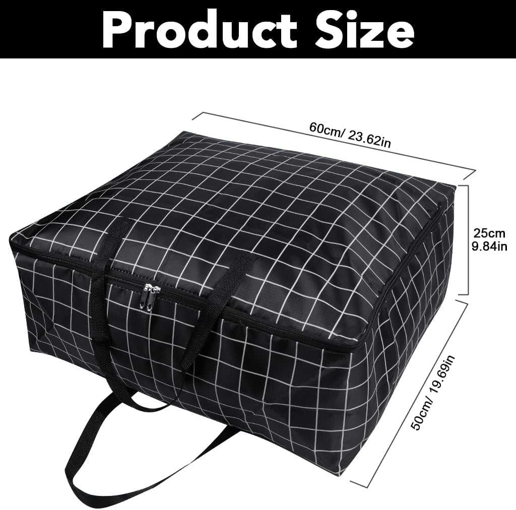 75L Large Storage Bags shown as a black rectangular zip-up bag with white grid lines and sturdy carry handles