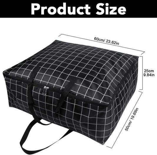 75L Large Storage Bags shown as a black rectangular zip-up bag with white grid lines and sturdy carry handles