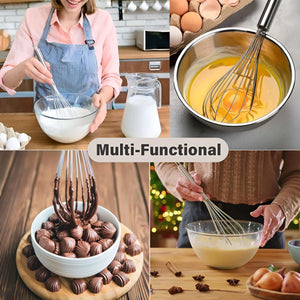 8 Inch Mini Stainless Steel balloon whisk with polished metal loops and handle, shown mixing batter and chocolate.
