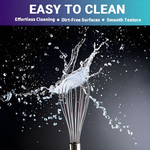 Stainless steel mini balloon whisk with polished silver wire loops and a seamless handle, shown with water droplets.