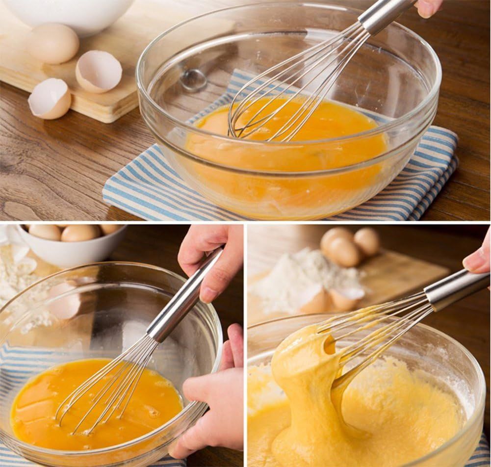 8 Inch Mini Stainless Steel balloon whisk with a polished silver handle and wire loops, mixing eggs in a glass bowl