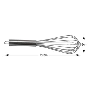 8 Inch Mini Stainless Steel balloon whisk with a smooth silver handle, wire loops and hanging hole, measuring 20 cm