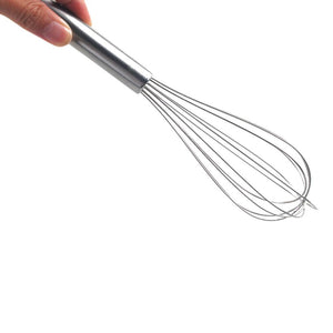 8 Inch Mini Stainless Steel balloon whisk with a polished metal handle and slender wire loops