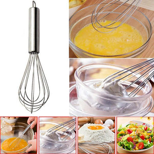 8 Inch Mini Stainless Steel egg whisk with a silver metal handle and balloon-shaped wire loops for mixing