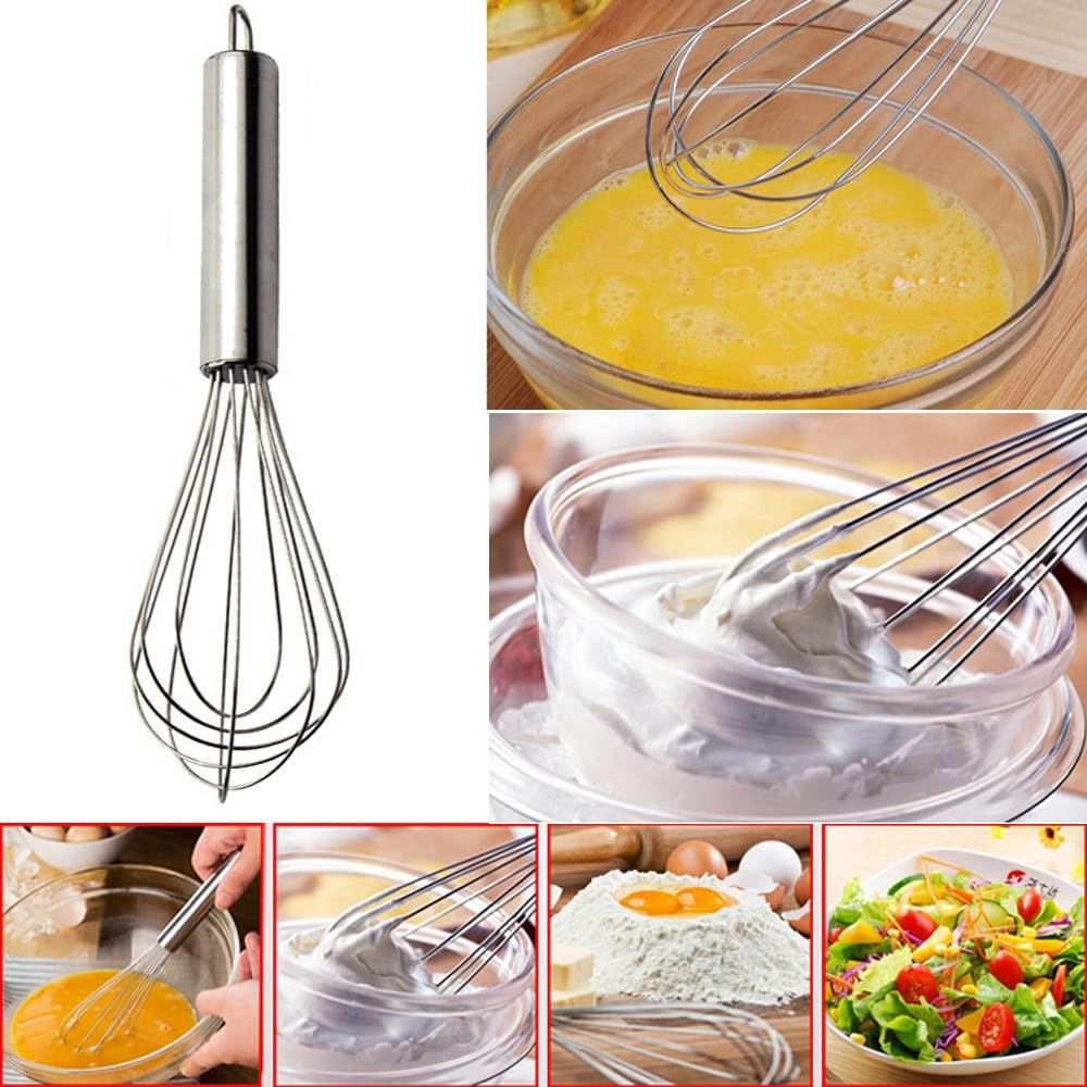 8 Inch Mini Stainless Steel egg whisk with a silver metal handle and balloon-shaped wire loops for mixing