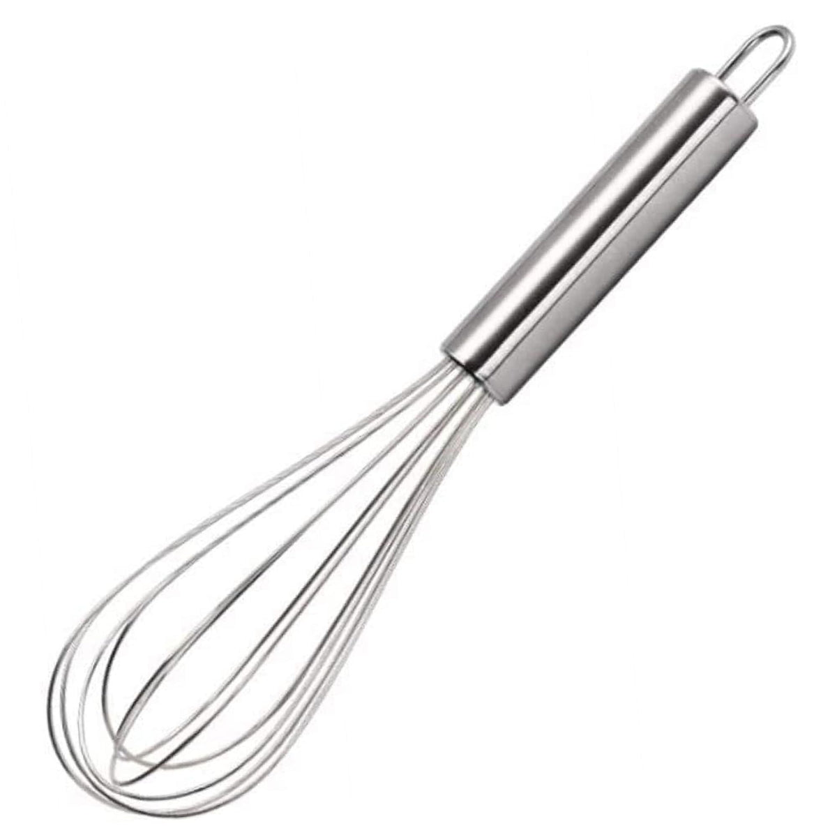 8 Inch Mini Stainless Steel whisk with a polished silver finish, balloon wire loops, solid handle and hanging loop.