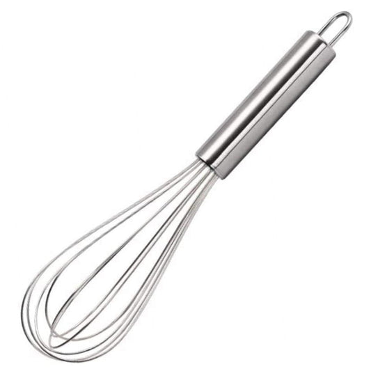 8 Inch Mini Stainless Steel whisk with a polished silver finish, balloon wire loops, solid handle and hanging loop.