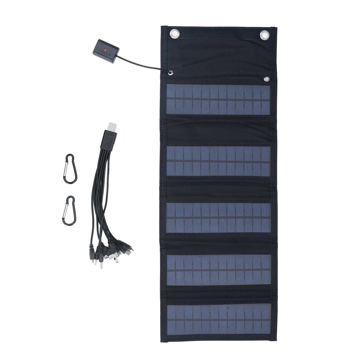 9W Solar Panel portable foldable solar charger with five blue-black panels, fabric backing, USB cable and metal buckles