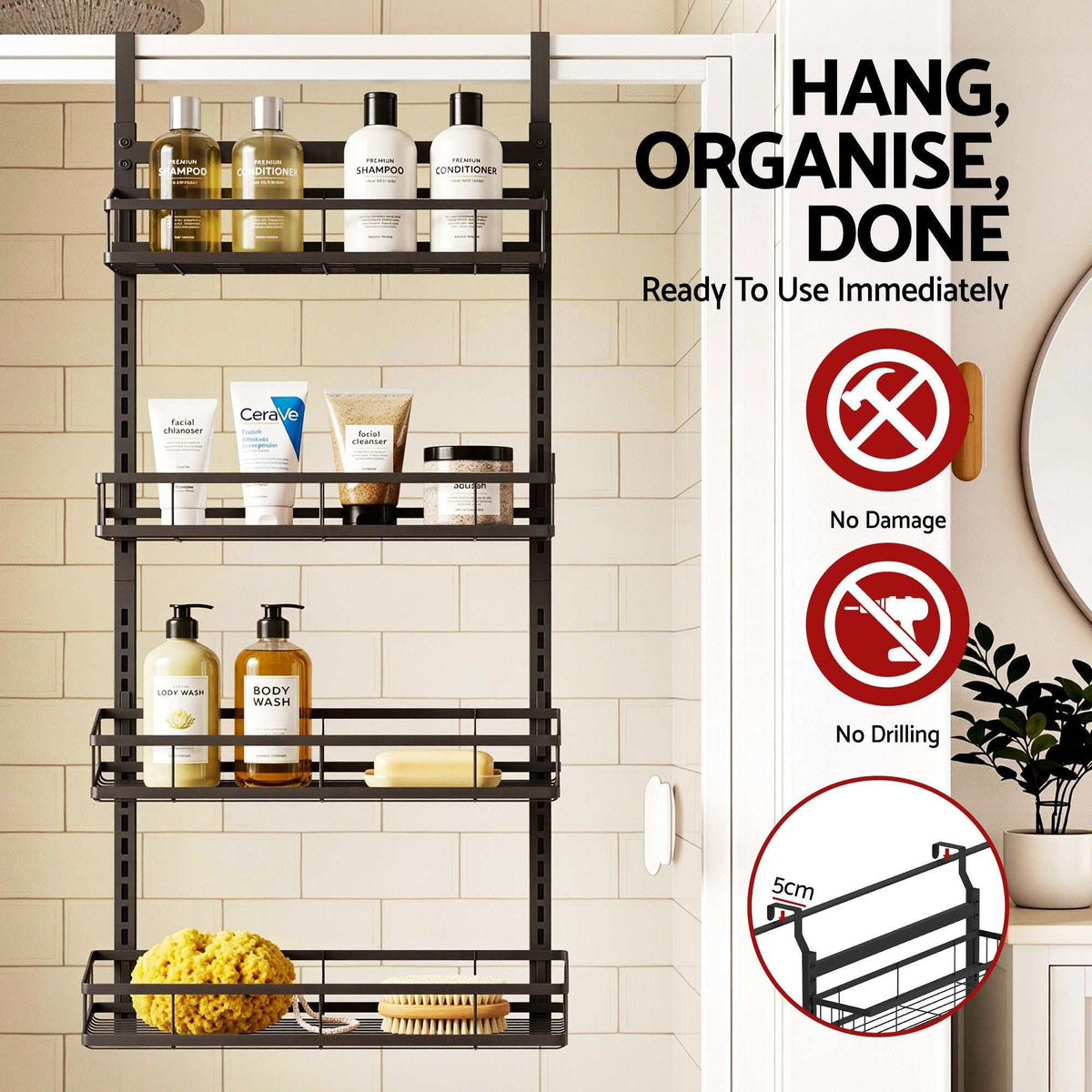 Artiss Over Door Bathroom Rack with a black iron frame and four open baskets for bathroom toiletries