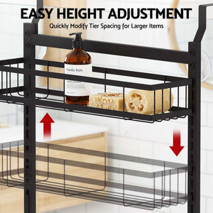 Artiss Over Door Bathroom Rack in black iron, showing adjustable tier spacing, basket storage and hanging door hooks