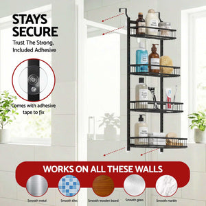 Artiss Over Door Bathroom Rack in black iron with four wire baskets, adhesive stabilisers and adjustable tier spacing