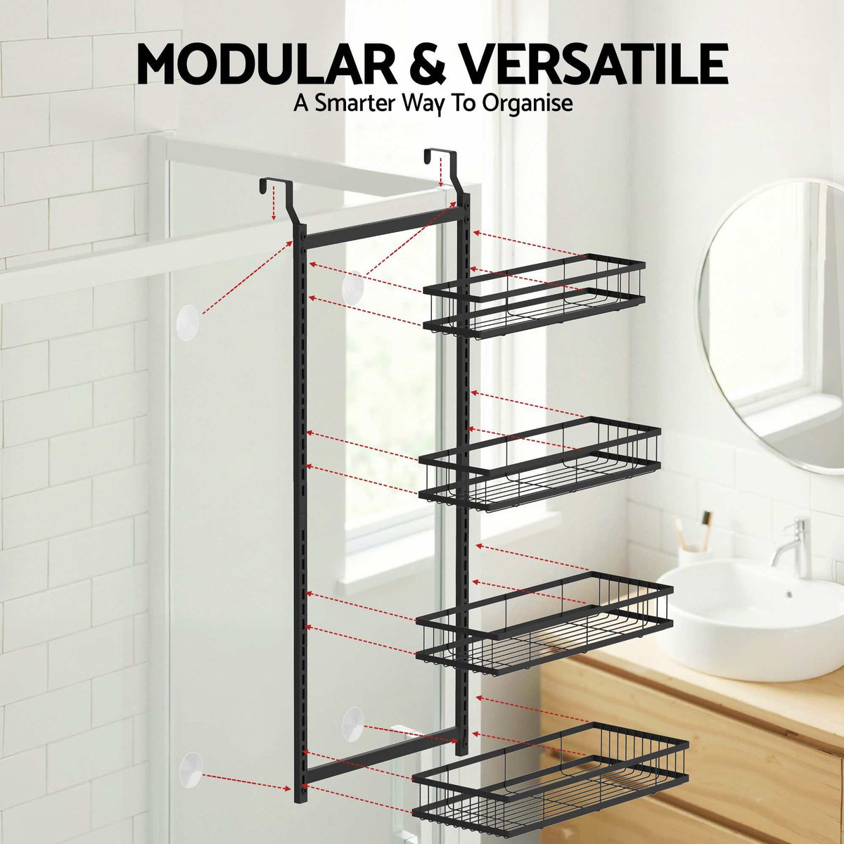 Artiss Over Door Bathroom Rack, black metal frame with four adjustable wire baskets and hooks for hanging over a door