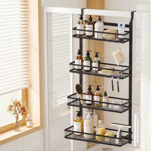 Artiss Over Door Bathroom Rack in black iron with four open wire baskets, holding toiletries, brushes and bath sponges