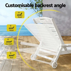 Gardeon 2PCS Sun Lounge, white HDPE sun lounger with adjustable backrest, slatted seat and built-in wheels