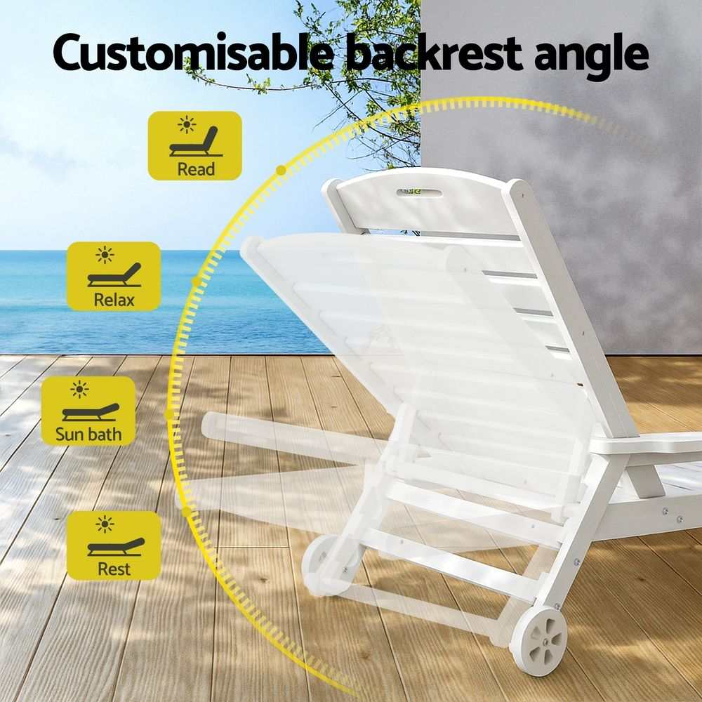 Gardeon 2PCS Sun Lounge, white HDPE sun lounger with adjustable backrest, slatted seat and built-in wheels