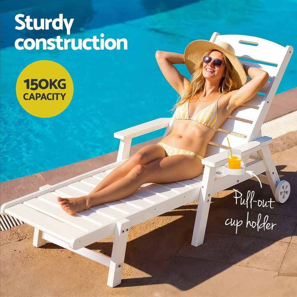 Gardeon 2PCS Sun Lounge in white wood-grain HDPE, with adjustable slatted backrest, wheels and pull-out cup holder