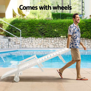 Gardeon 2PCS Sun Lounge white HDPE adjustable sun lounger with slatted surface and built-in wheels for easy moving