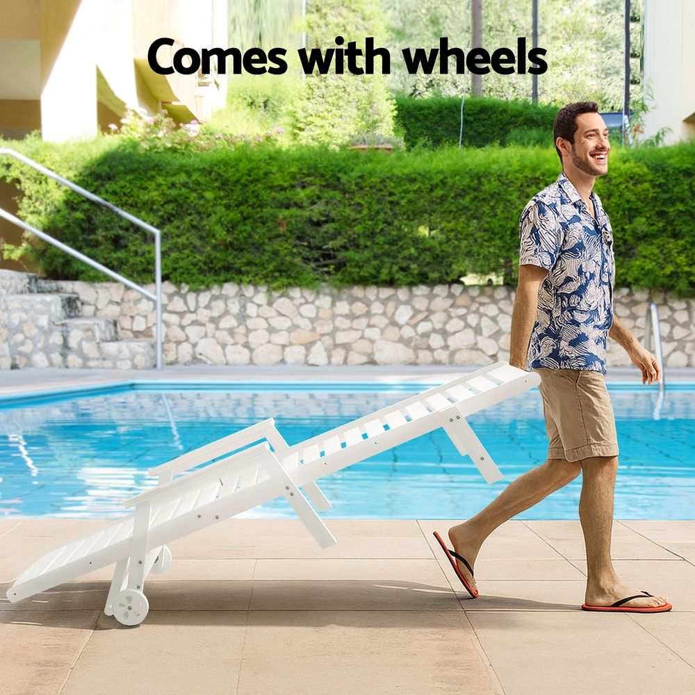 Gardeon 2PCS Sun Lounge white HDPE adjustable sun lounger with slatted surface and built-in wheels for easy moving