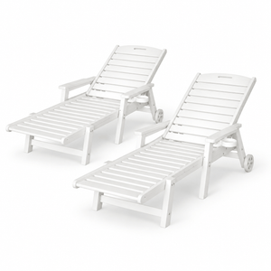 Gardeon 2PCS Sun Lounge set of white slatted loungers with adjustable backs, wheels and cup holders