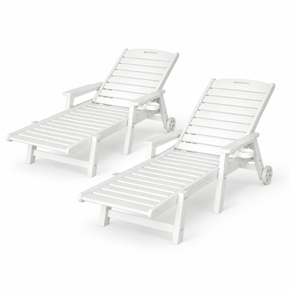 Gardeon 2PCS Sun Lounge set of white slatted loungers with adjustable backs, wheels and cup holders