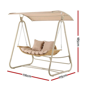 Gardeon Outdoor Swing Chair with beige woven rattan two-seat bench, matching cushions and adjustable fabric canopy