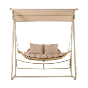 Gardeon Outdoor Swing Chair in beige woven rattan with a cushioned two-person hammock seat and adjustable canopy